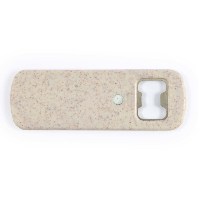 A drink bottle opener in a speckled cream design with a metal bottle cap remover and a logo.