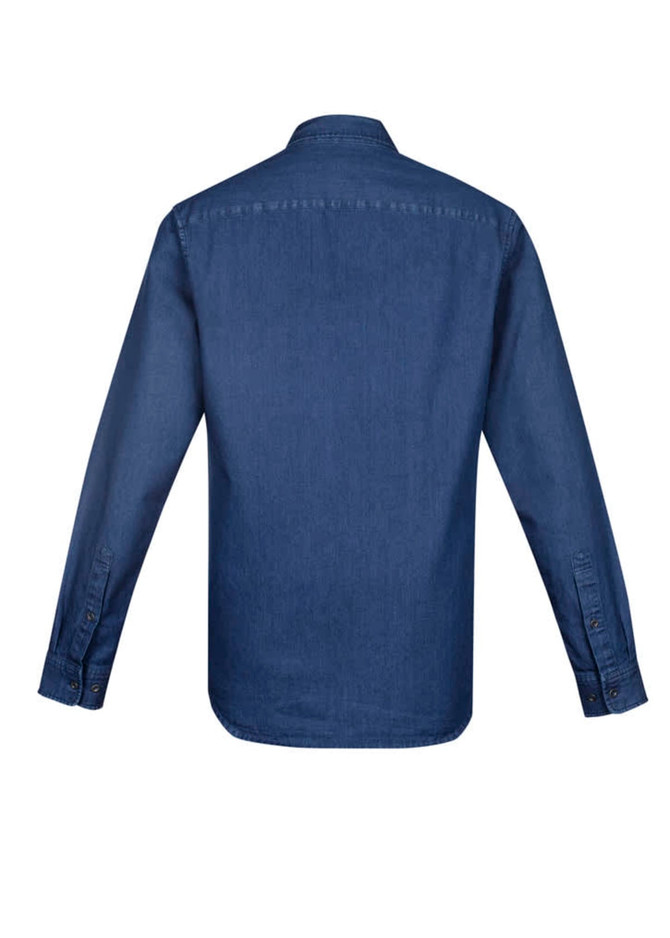 A navy blue long sleeve button-up shirt with a collar and buttoned cuffs, featuring a plain back design.