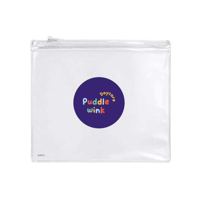 A transparent pencil case featuring a colourful circular logo with the text "Puddle wink Daycare."