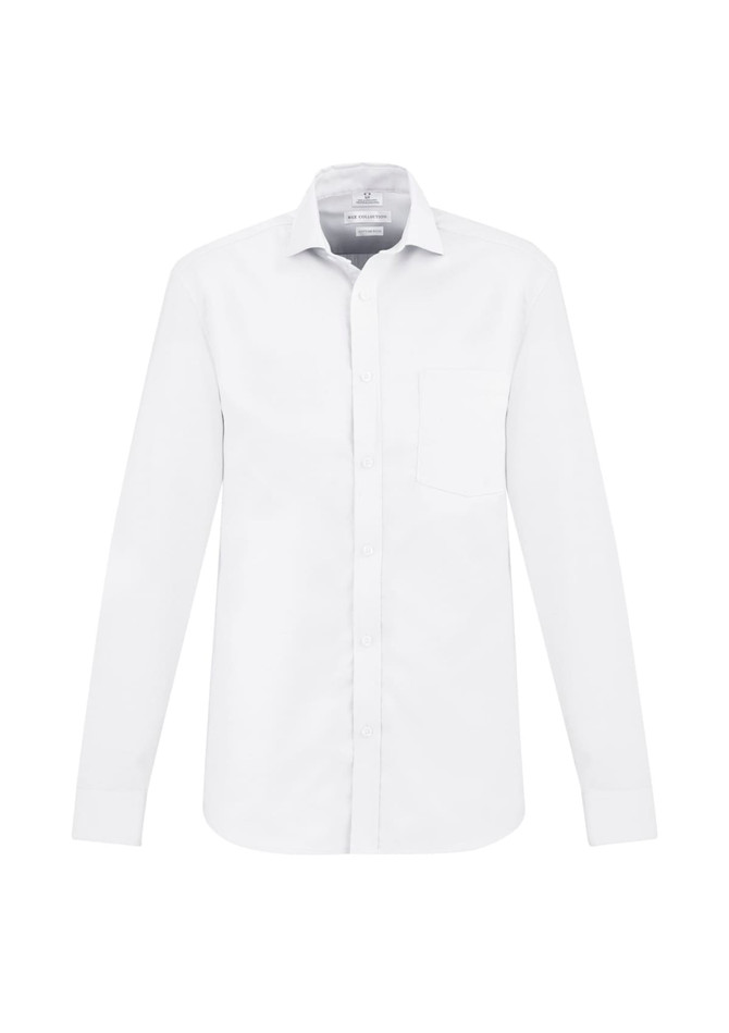 A white long sleeve button-up shirt featuring a single chest pocket and a logo on the label.