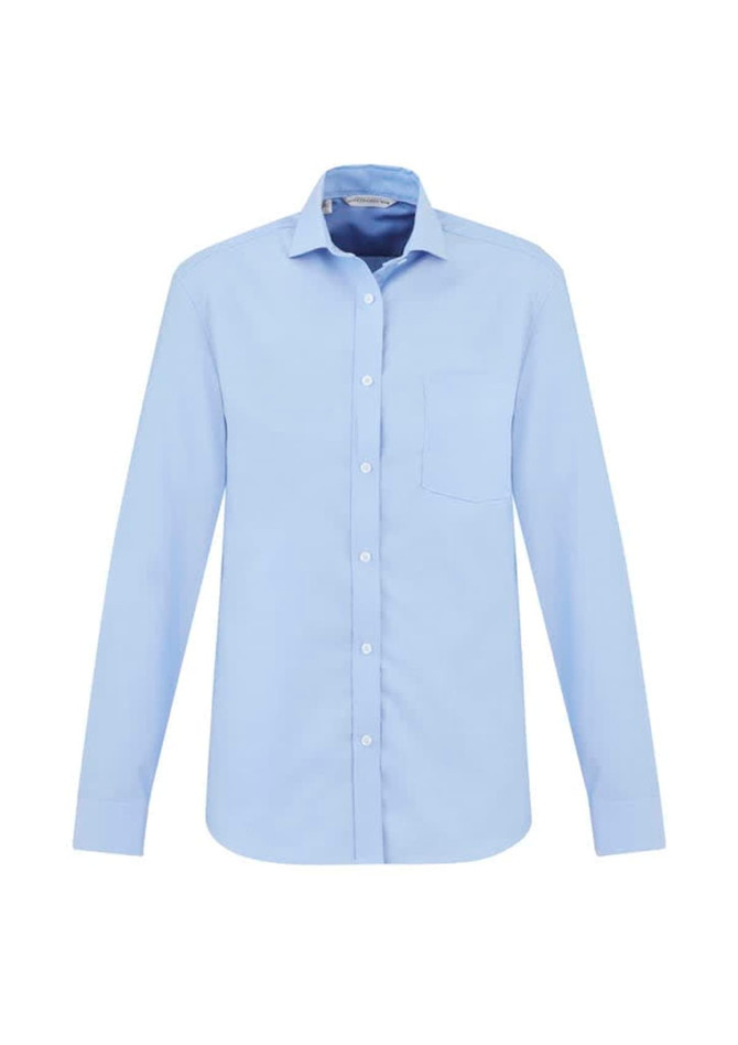 A light blue long sleeve button-up shirt with a chest pocket and a brand logo.