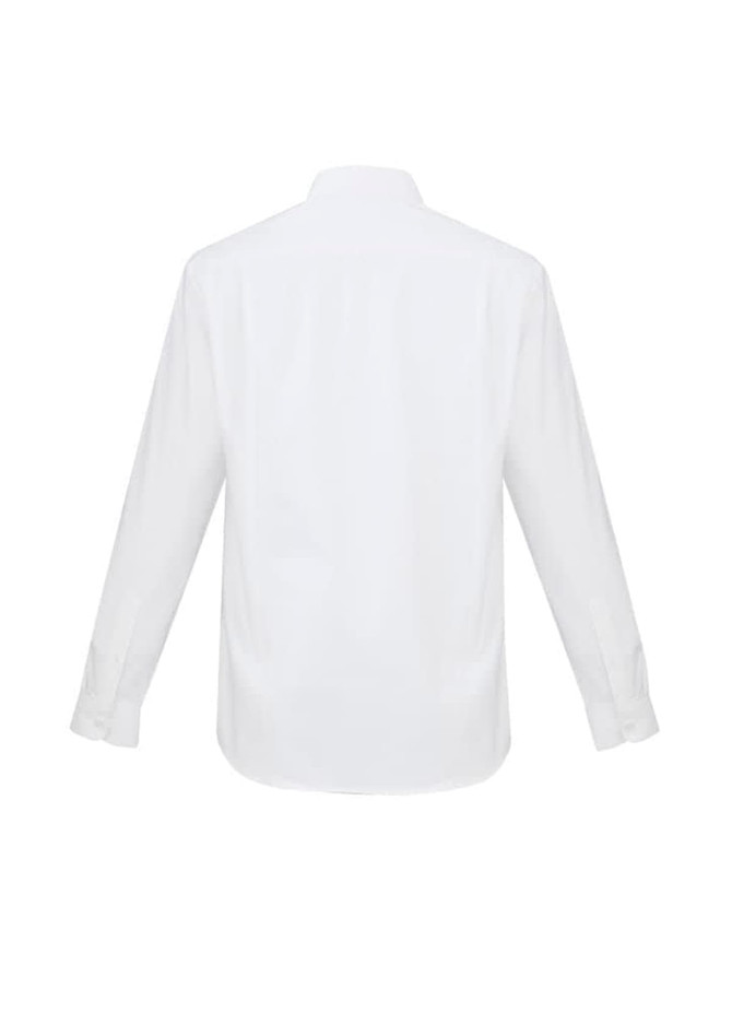 A white long sleeve button-up shirt with a collar and buttoned cuffs, featuring a logo on the back.