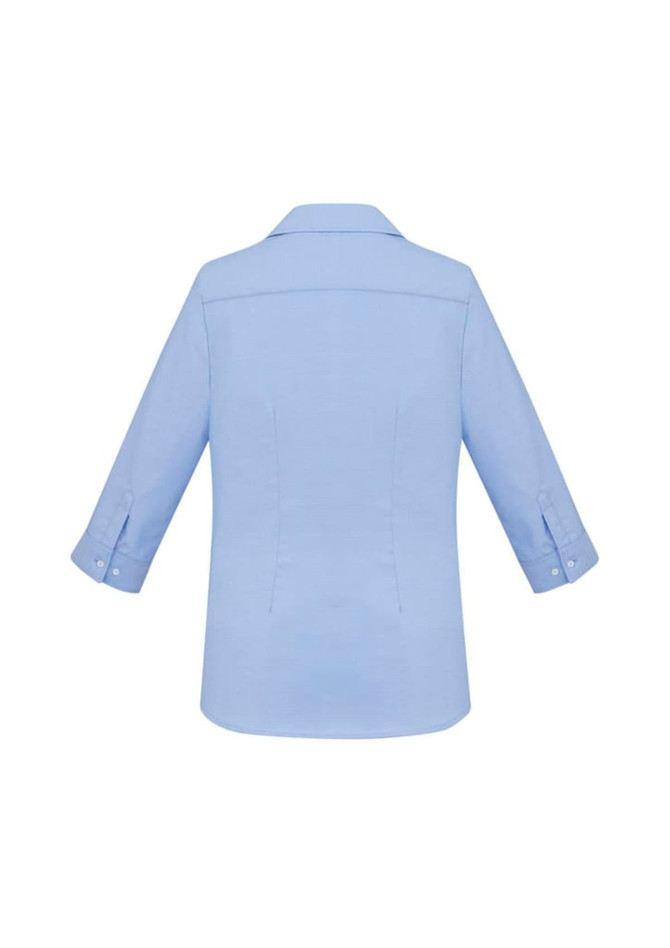 A light blue women's button-up shirt featuring 3/4 sleeves and a collared neckline, with a logo visible.