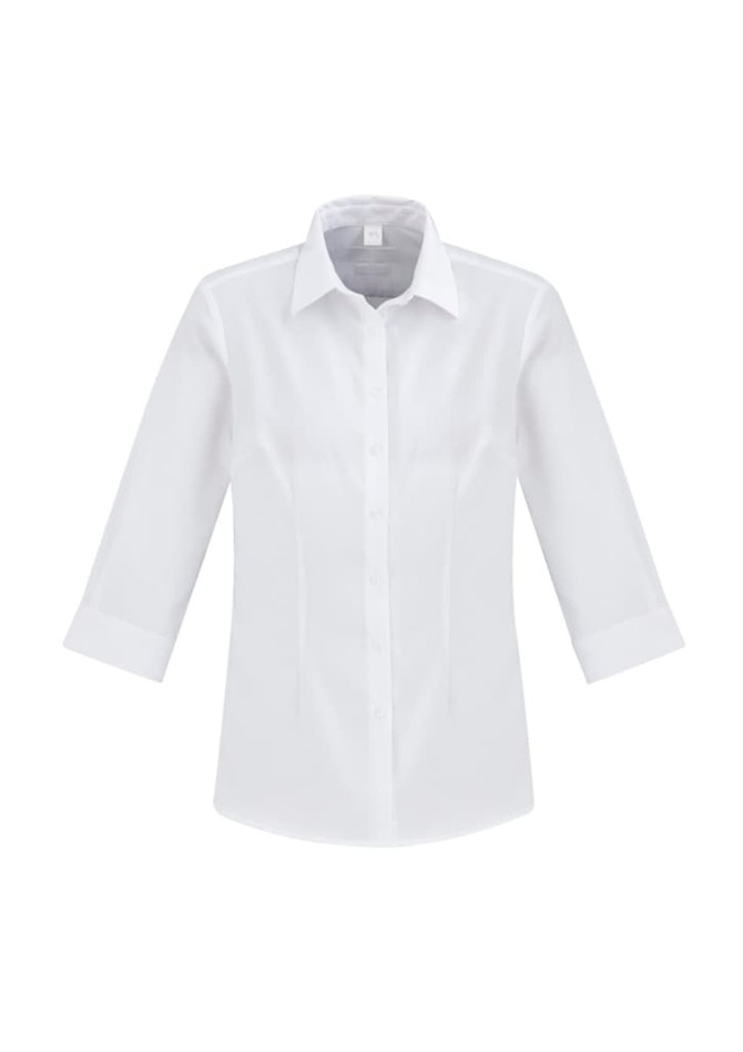 A white women's button-up shirt with 3/4 sleeves and a collar, featuring a logo on the front.
