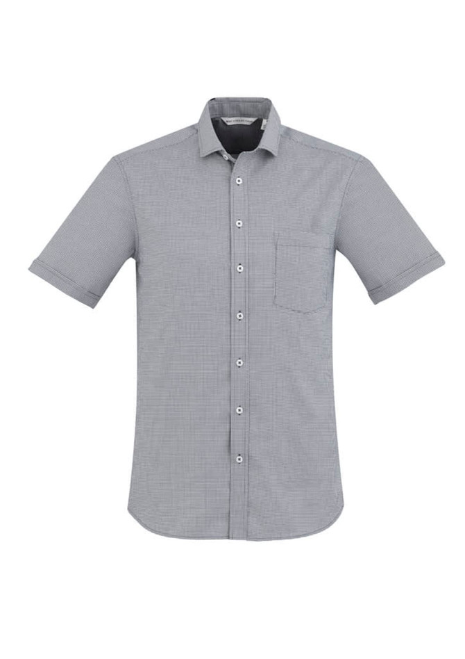 A short sleeve button-up shirt in grey with a single chest pocket and a logo.