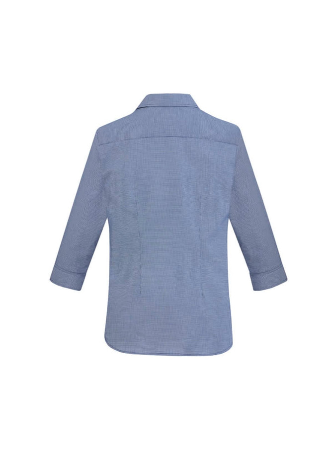 A blue, button-up women's shirt with 3/4 sleeves and a collar, featuring a logo on the back.