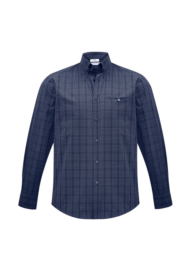 A long sleeve button-up shirt in navy with a checked pattern and a chest pocket. It features a collar and a logo.