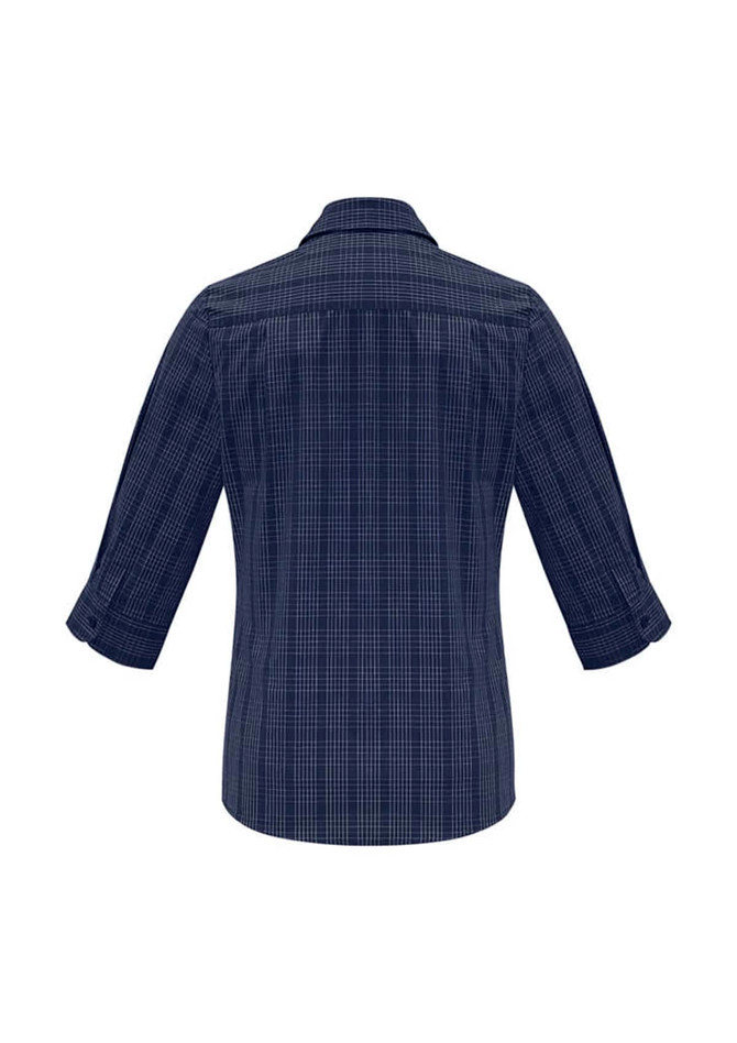 A women's navy plaid button-up shirt featuring 3/4 sleeves and a branding logo on the back.