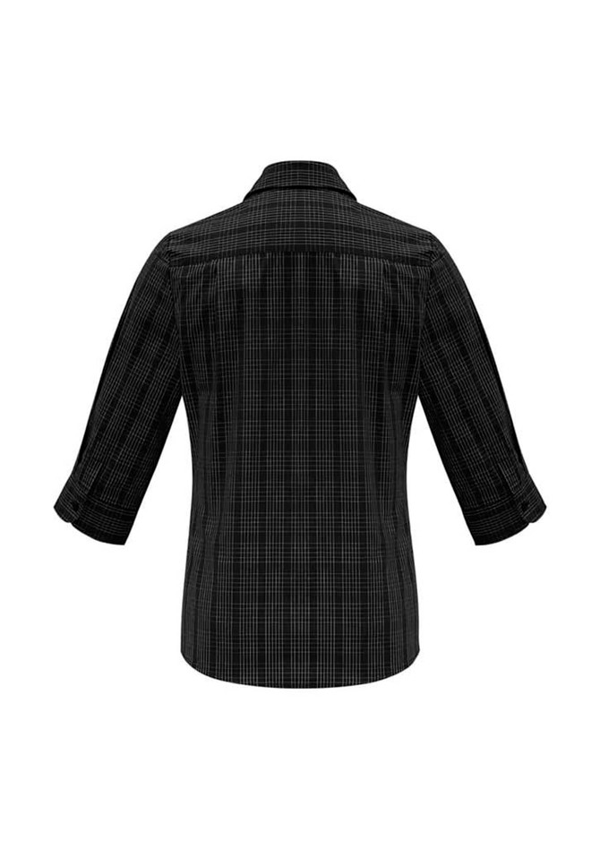 A black and grey checked women's button-up shirt with 3/4 sleeves and a collar, featuring a logo.