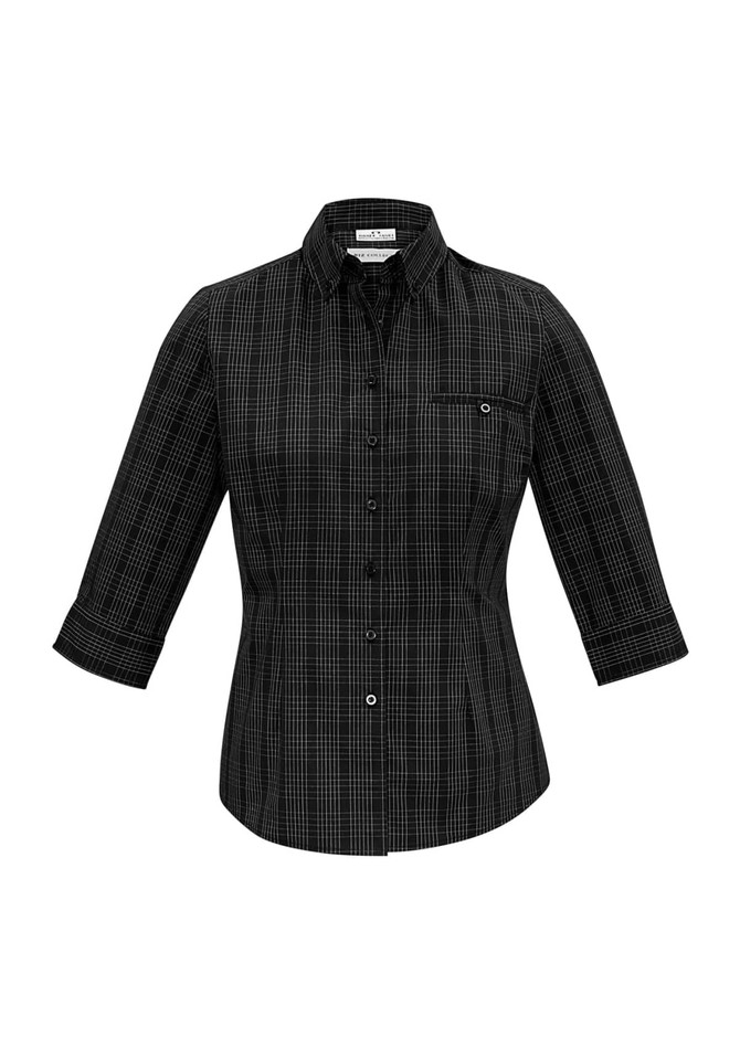 A women's 3/4 sleeve button-up shirt in a black and white checkered pattern, featuring a chest pocket and a logo.