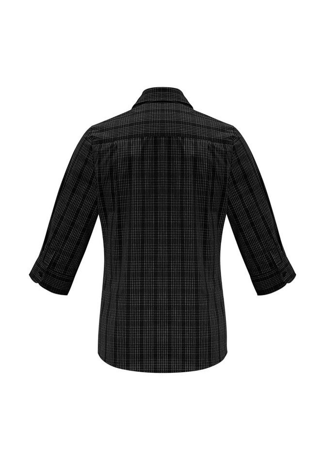 A button-up women's shirt in black with a checkered pattern and 3/4 sleeves, featuring a logo on the back.