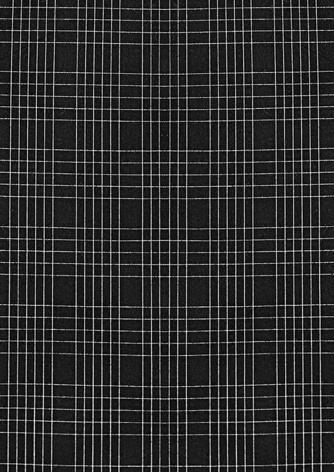 A black shirt featuring a white plaid pattern with a button-up design and 3/4 sleeves. It includes a logo.