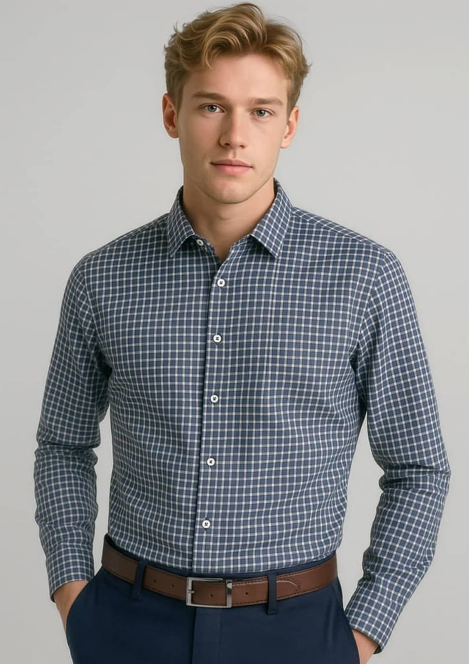 A men's long sleeve shirt featuring a navy and white check pattern, with a collar and button-up front. It has a logo.