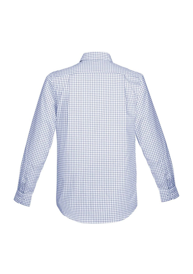 A long sleeve button-up shirt in a blue and white check pattern, featuring a collar and a logo.