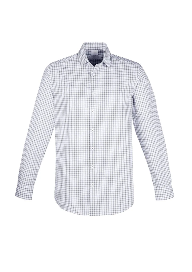 A long sleeve button-up shirt featuring a grey and white checkered pattern and a classic collar. It has a logo on the chest.
