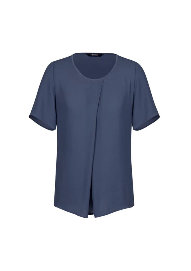 A short-sleeved blue women's T-shirt with a simple design and a logo on the label.