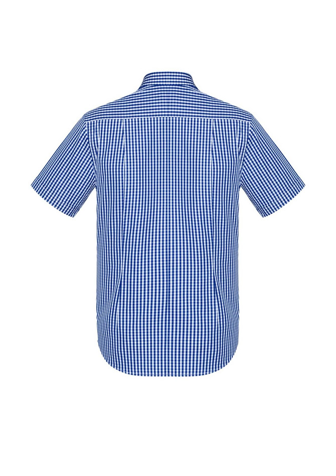 A blue and white checkered short sleeve button-up shirt with a casual fit and a logo.