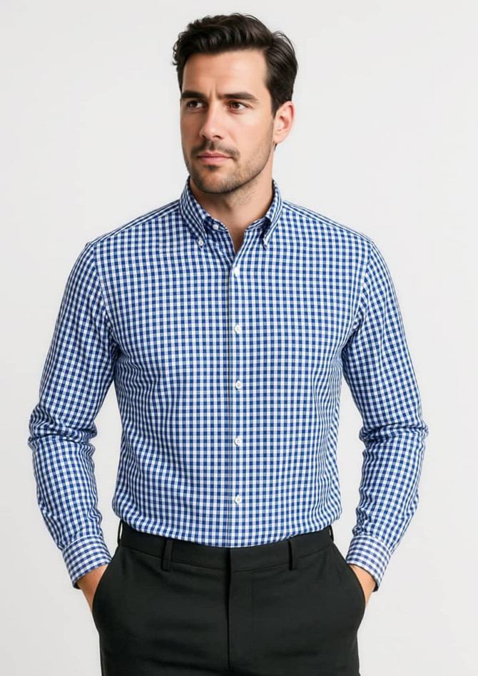 A men's long sleeve shirt in blue and white checkered pattern, featuring a button-up design and a collar.