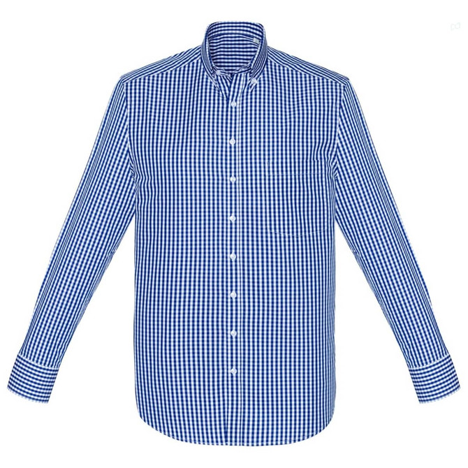 A blue and white gingham long sleeve button-up shirt with a collar and a logo.