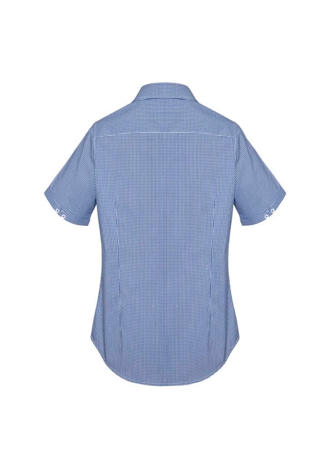 A short sleeve button-up shirt in a blue and white check pattern, featuring a logo on the back.