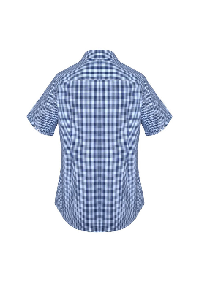 A women's short sleeve button-up shirt in a blue checked pattern, featuring a back yoke and roll-up sleeves.
