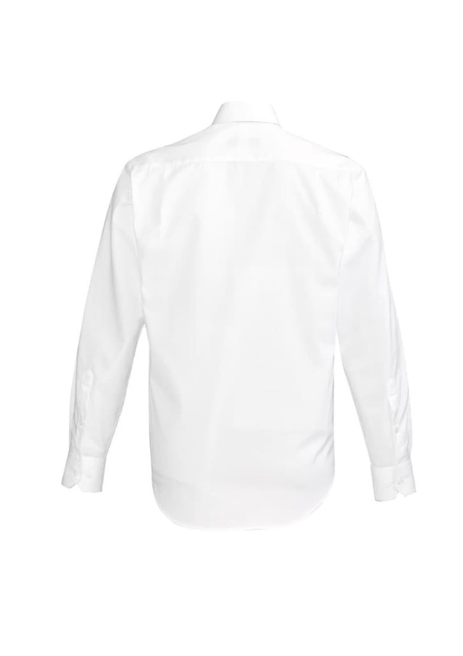 A white long sleeve button-up shirt with a collar and a logo on the back.