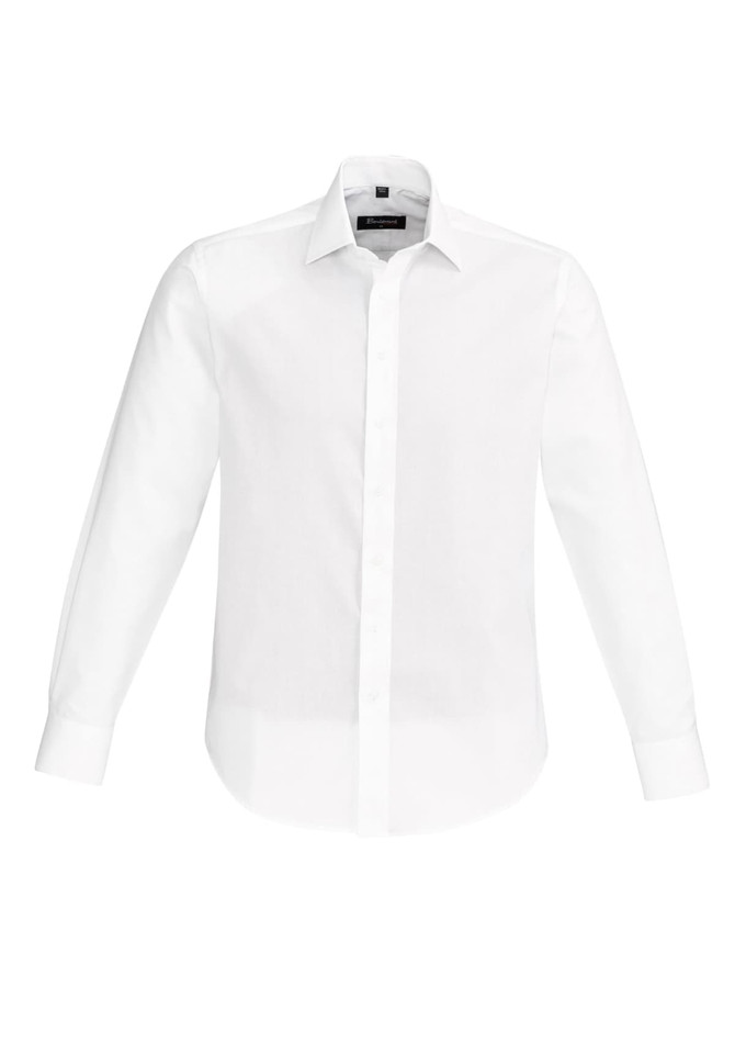 A white long sleeve button-up shirt with a collar and a branding logo on the label.