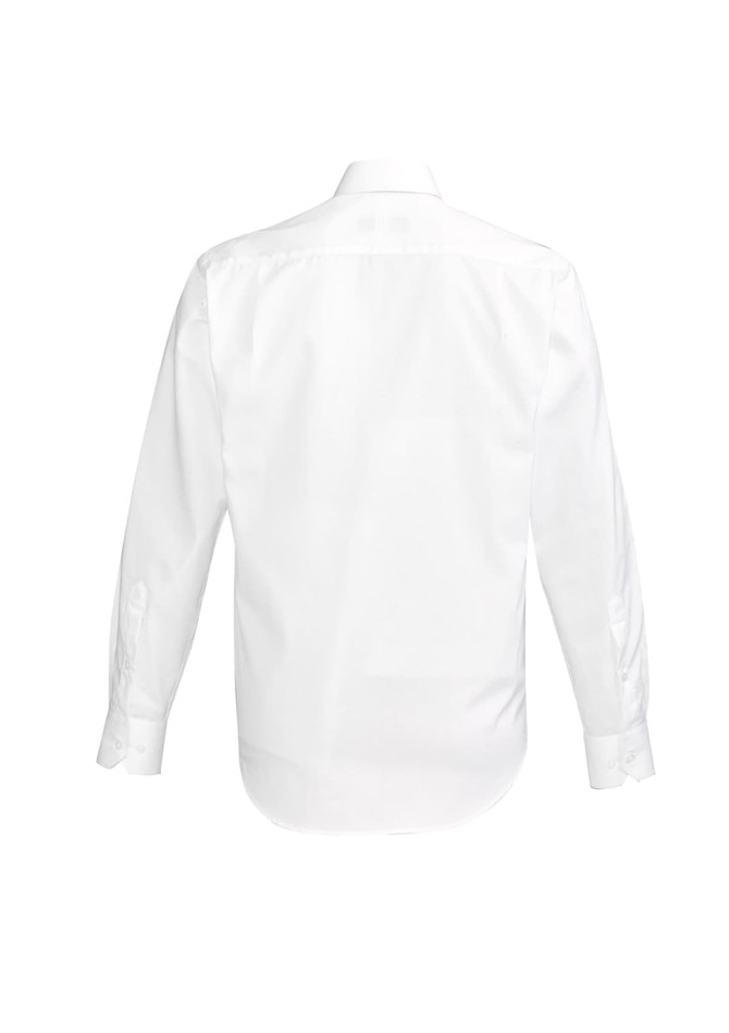 A white long sleeve button-up shirt with a plain back and a logo.