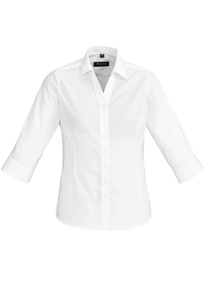 A white 3/4 sleeve button-up shirt featuring a classic collar and a branded label.
