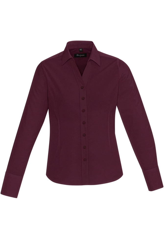 A burgundy long sleeve button-up shirt for women featuring a classic collar and a fitted design.