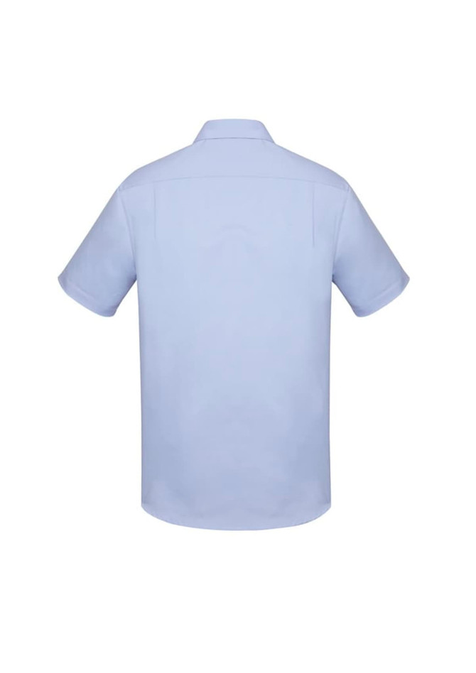 A light blue men's short sleeve button-up shirt with a classic fit, featuring a collar and a branded logo.