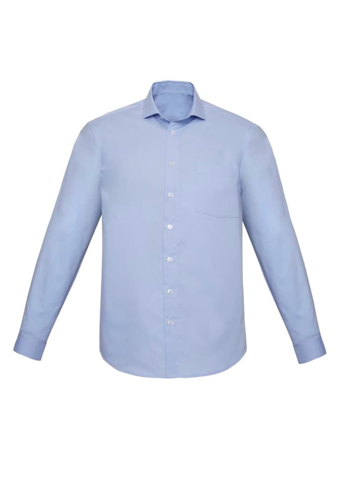 A light blue long sleeve button-up shirt featuring a pocket and a collar, with a logo on the fabric.