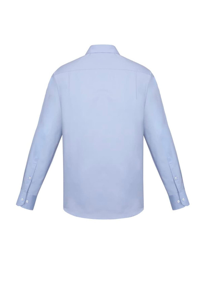 A light blue long sleeve button-up shirt with a classic fit and a logo on the back.