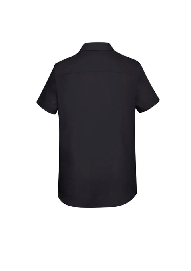 A black short sleeve button-up shirt with a collar and no visible branding.