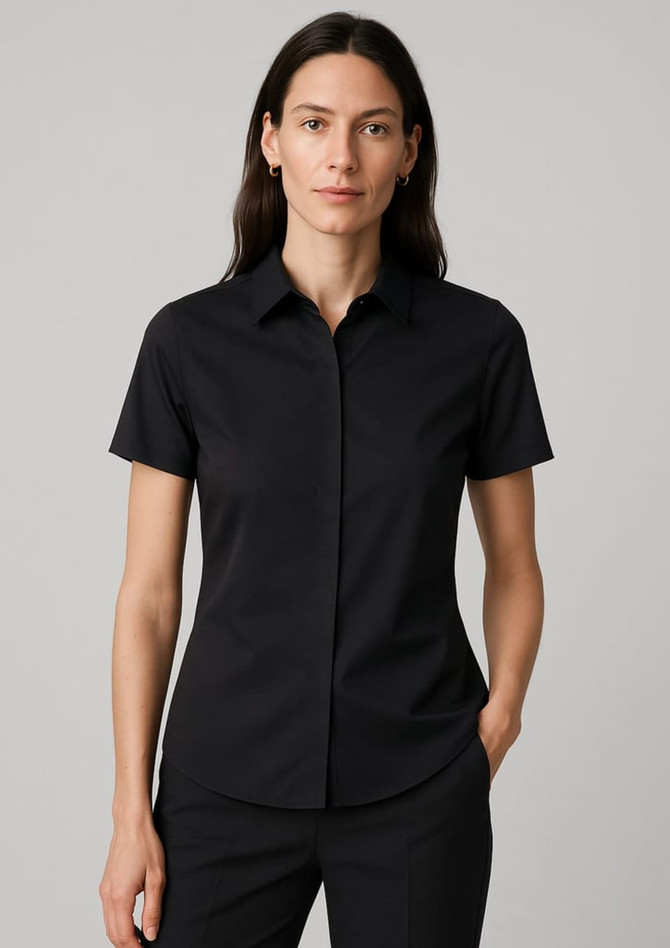 A short-sleeve, black button-up shirt for women, featuring a collared neckline and a fitted design.