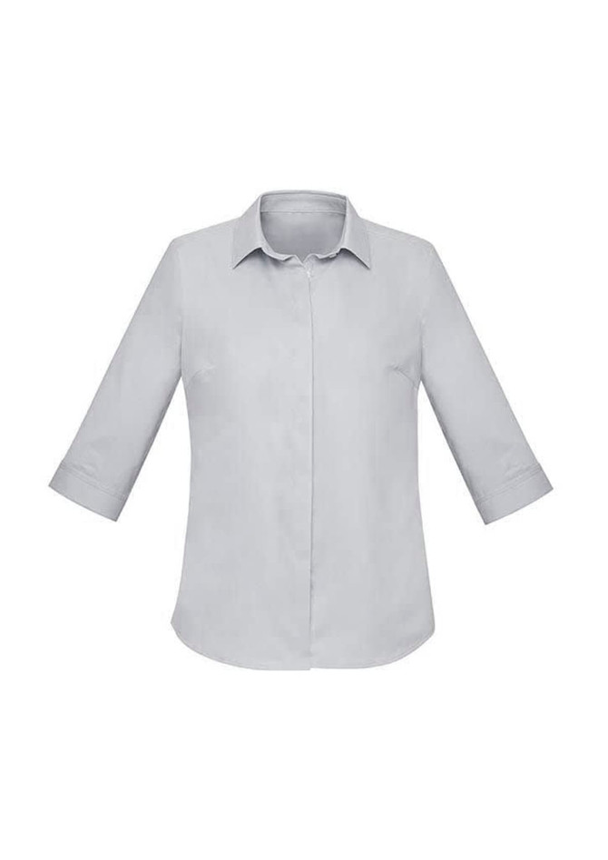 A light grey women's button-up shirt with 3/4 sleeves, featuring a classic collar and minimal design.