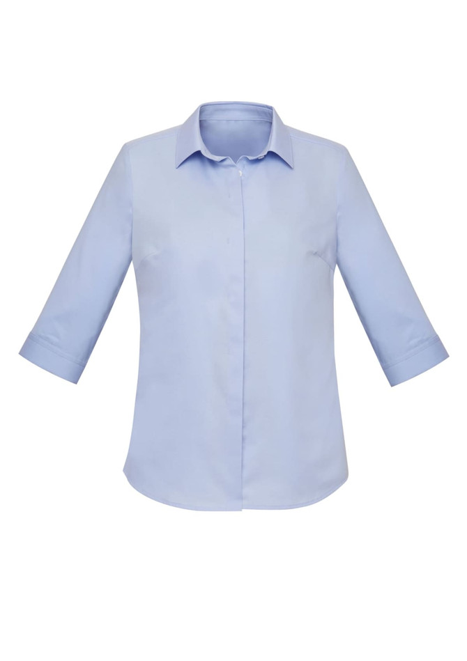A light blue women's button-up shirt with 3/4 sleeves and a classic collar. It features a logo.