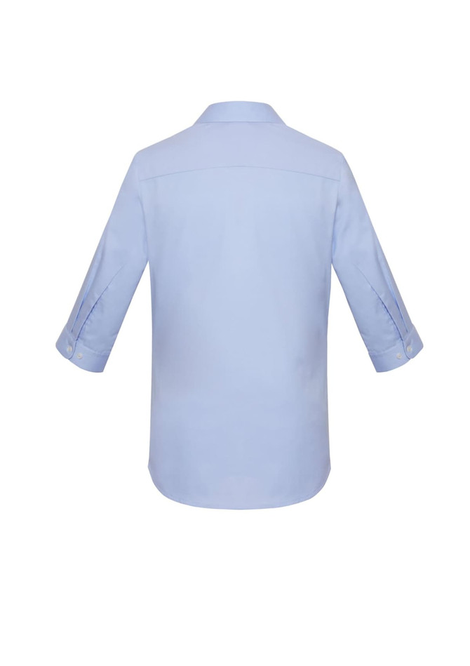 A light blue women's button-up shirt with 3/4 sleeves, featuring a back yoke and button details on the sleeves.