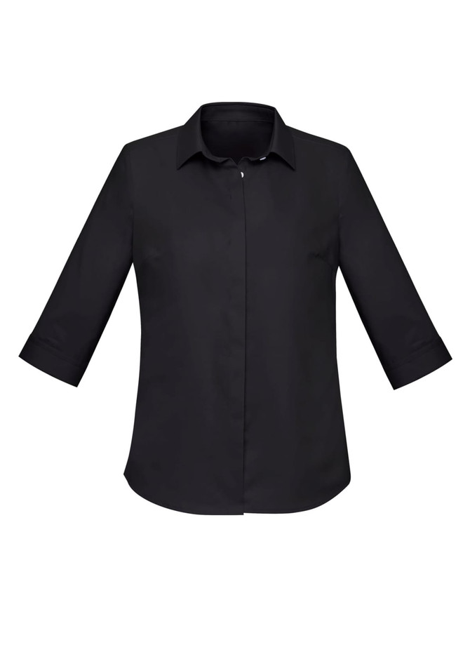 A black Women's Charlie 3/4 sleeve button-up shirt with a standard collar and rolled cuffs, featuring a logo.