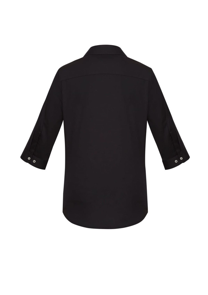 A black women's Charlie 3/4 sleeve button-up shirt with a collar and roll-up sleeves, featuring a logo.