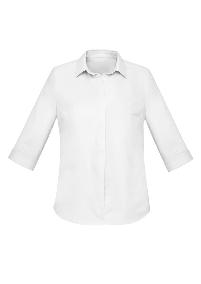 A white button-up shirt with three-quarter sleeves and a collar. Features a branded logo.