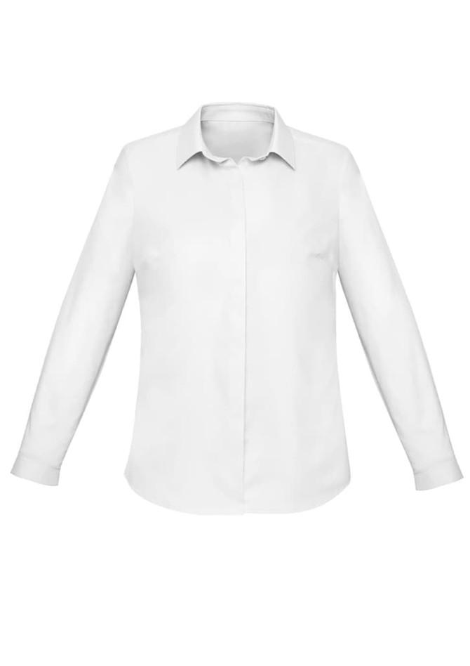 A white long sleeve button-up shirt for women, featuring a classic collar and cuffs, with a simple design.