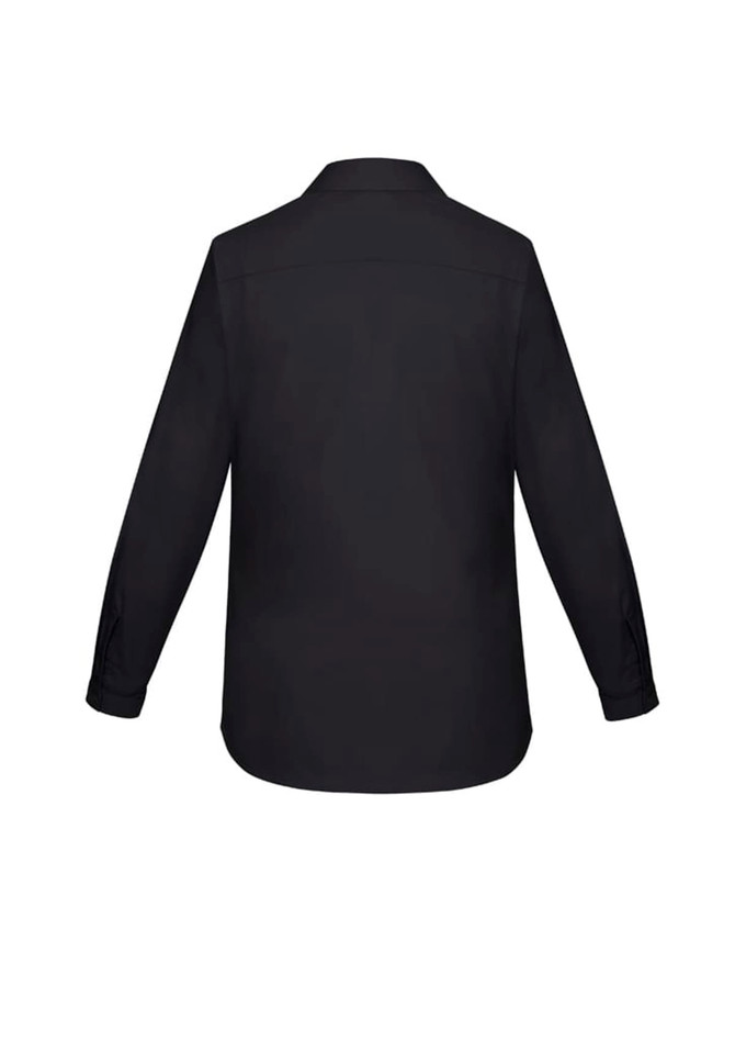 A black women's long sleeve button-up shirt with a back view, featuring a collar and button details.
