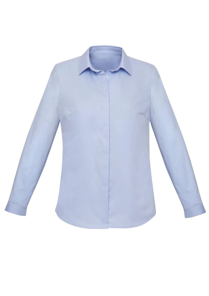 A light blue women's button-up long sleeve shirt with a collared neckline and a logo.