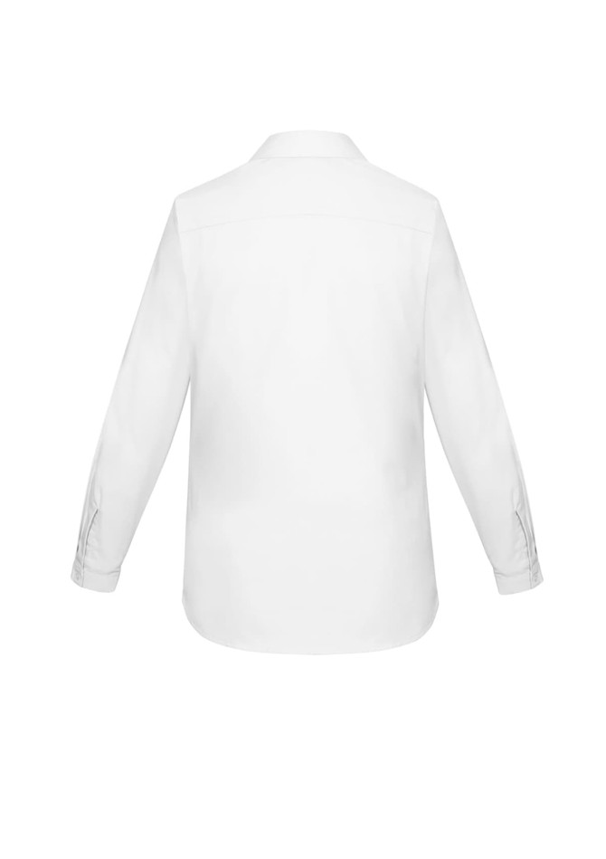 A white long sleeve button-up shirt with a collar and tailored fit, featuring a logo on the back.
