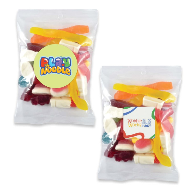 Assorted jelly lollies in vibrant colours, packaged in a clear 180g cello bag. Includes various shapes and flavours.