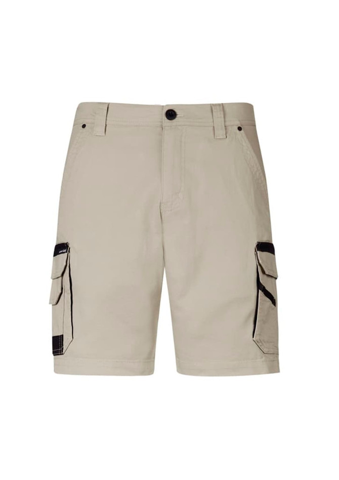 Beige work shorts with side cargo pockets and a logo. Suitable for outdoor use and practical wear.