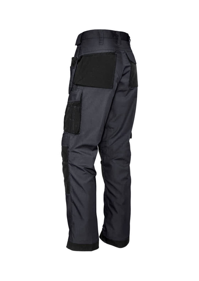 A pair of dark grey multi-pocket work pants with various pockets and a black panel on the back.