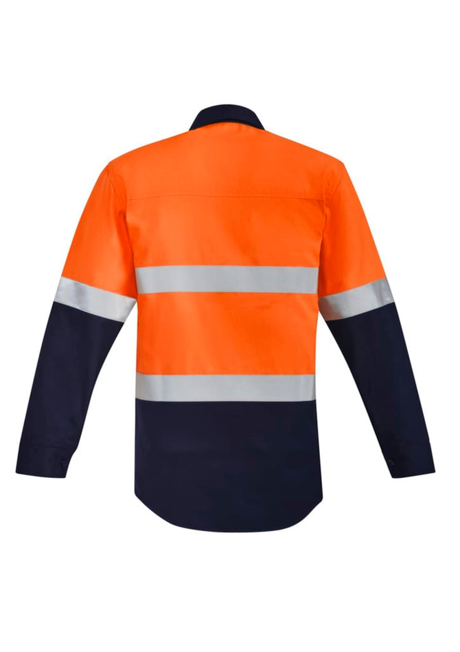 A men's hi-vis shirt with orange and navy panels and reflective hoop tape detailing on the sleeves.