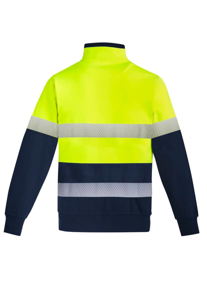 Hi-vis pullover in bright yellow and navy, featuring reflective hoop tape for visibility. Includes a collar and long sleeves.